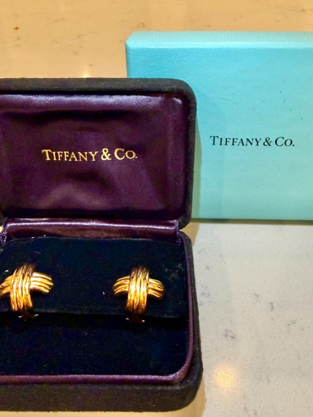 Tiffany & Co 18K Gold Knot Earrings Vintage Signature X Yellow Gold Studs w Box